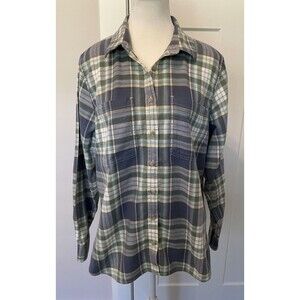 L L BEAN Womens Button TOP Long Sleeve BLUE Green PLAID Size S